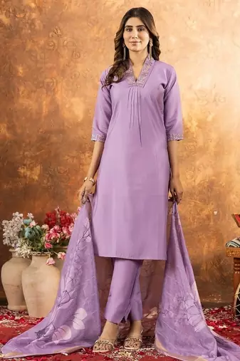 lavender colour with embroidered work roman silk Kurta set for women