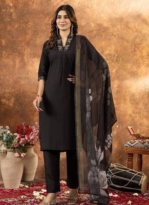 Black colour with embroidered work roman silk Kurta set for women 1