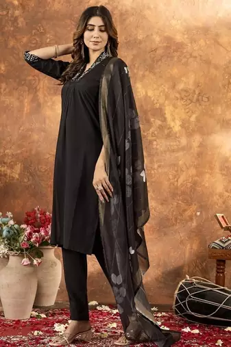Black colour with embroidered work roman silk Kurta set for women