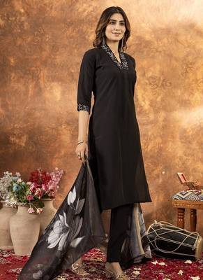 Black colour with embroidered work roman silk Kurta set for women 3