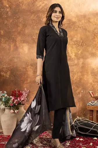 Black colour with embroidered work roman silk Kurta set for women