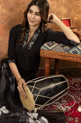 Black colour with embroidered work roman silk Kurta set for women