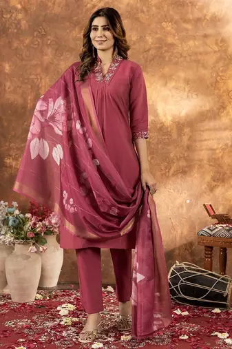 Gajri colour with embroidered work roman silk Kurta set for women