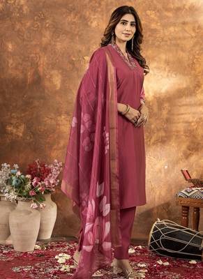 Gajri colour with embroidered work roman silk Kurta set for women 3