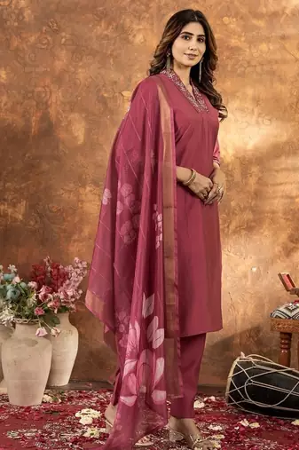 Gajri colour with embroidered work roman silk Kurta set for women