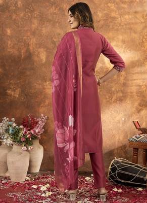 Gajri colour with embroidered work roman silk Kurta set for women 4