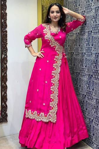 Pink georgette embroidered designer gown