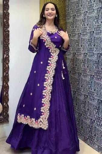 Violet georgette embroidered designer gown