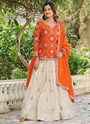 Orange chinon silk embroidered Skirt style suit 1