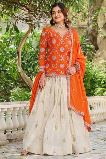 Orange chinon silk embroidered Skirt style suit