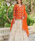 Orange chinon silk embroidered Skirt style suit
