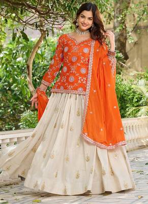 Orange chinon silk embroidered Skirt style suit 2