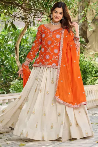 Orange chinon silk embroidered Skirt style suit