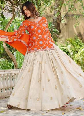 Orange chinon silk embroidered Skirt style suit 3