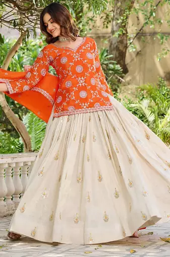 Orange chinon silk embroidered Skirt style suit