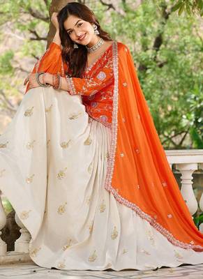 Orange chinon silk embroidered Skirt style suit 4
