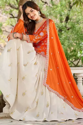 Orange chinon silk embroidered Skirt style suit