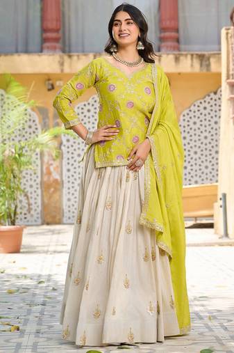 Light green chinon silk embroidered Skirt Suit 