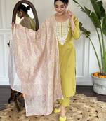 Women's Viscose Slub Embroidered Straight Kurta with Pant And Dupatta Set