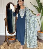 Women's Viscose Slub Embroidered Straight Kurta with Pant And Dupatta Set