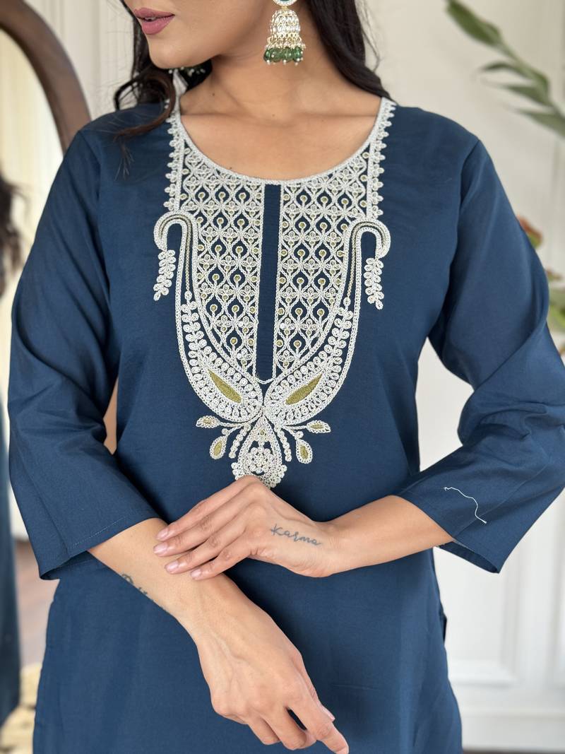 Women's Viscose Slub Embroidered Straight Kurta with Pant And Dupatta Set