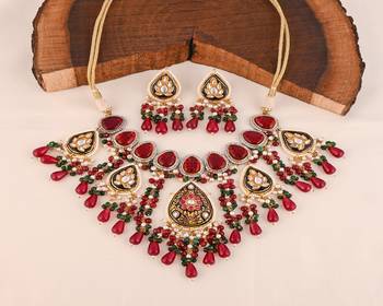Pearl green-red onyx meena necklace set 1
