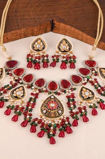 Pearl green-red onyx meena necklace set