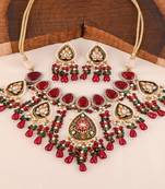 Pearl green-red onyx meena necklace set