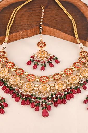 Pearl green onyx meena necklace set