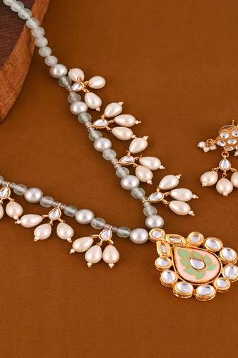 Pearl green quartz meena necklace set