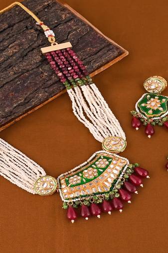 Pearl zoisite rhodonite meena necklace set