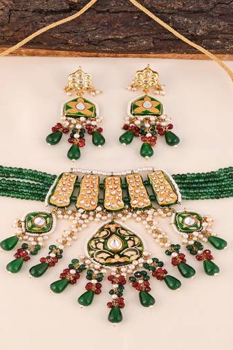 Pearl green-pink quartz meena necklace set