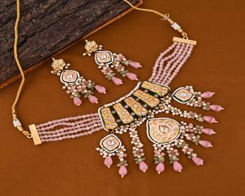 Pearl green-pink quartz meena necklace set 1