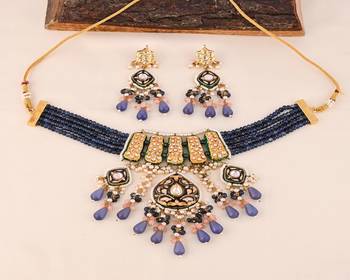 Blue sapphire rose quartz meena necklace set 1