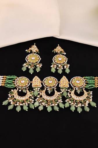 Pearl green quartz meena necklace set