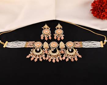 Pearl peach quartz meena necklace set 1