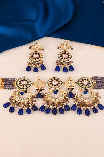 Pearl blue quartz meena necklace set