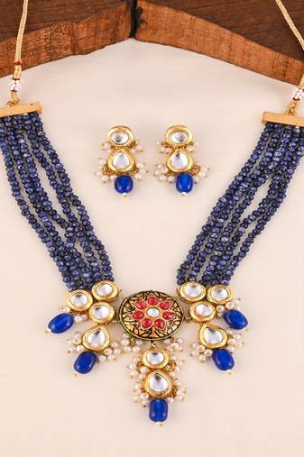 Pearl blue sapphire meena necklace set