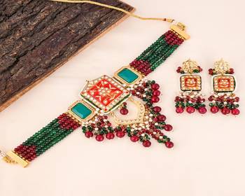 Ruby quartz green onyx meena necklace set 1