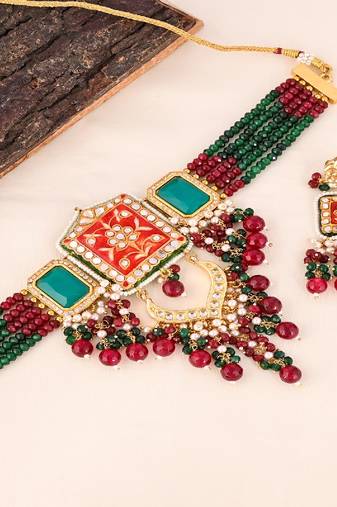 Ruby quartz green onyx meena necklace set