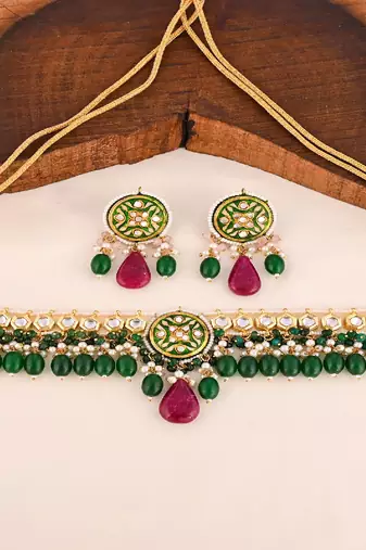 Green onyx ruby quartz meena necklace set