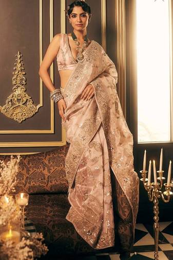 Light Pink Soft Satin Organza Embroidery Saree