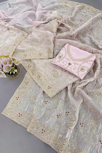 Light Pink Soft Satin Organza Embroidery Saree