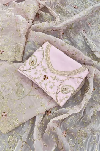 Light Pink Soft Satin Organza Embroidery Saree