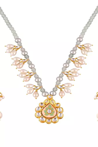 Pearl green quartz meena necklace set