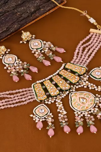 Blue sapphire rose quartz meena necklace set