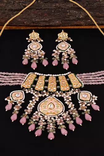 Blue sapphire rose quartz meena necklace set