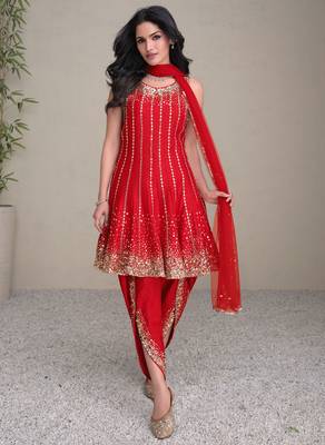 Red Embroidered & Sequins Work Silk Punjabi Salwar Suit 1