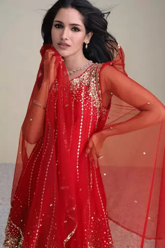 Red Embroidered & Sequins Work Silk Punjabi Salwar Suit