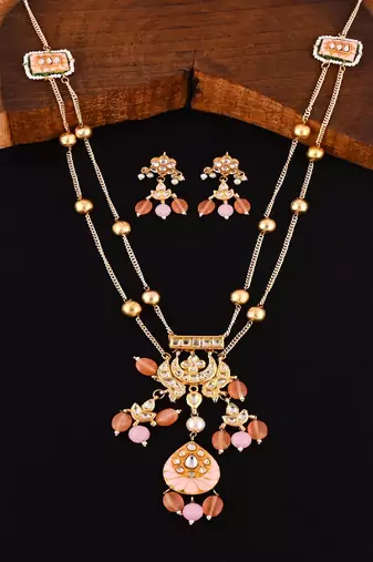 Pearl polki rose quartz meena necklace set